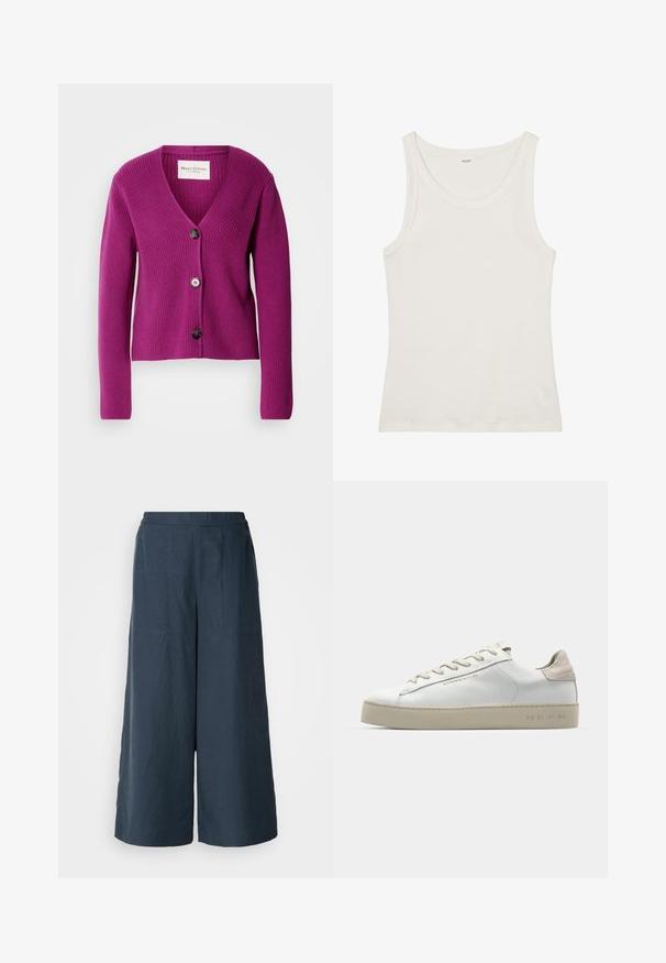 Lilla ribbet cardigan med V-hals, lange ermer og tre svarte knapper foran. Tekstiler for ekstra varme og detaljer.; Hvit bomullstopp med vid halsutskjæring og tynne skulderstropper. Glatt tekstur uten synlige mønstre eller dekorasjoner.; Vidde benbukser i marineblå, laget av lett stoff. Har en litt teksturert overflate, elastisk liv og frontseam.; Hvit lær sneakers med en glatt finish, aksenter i beige semsket skinn, rund tå, flat snøring og en teksturert gummisåle.