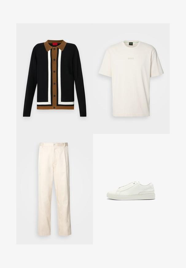Black cardigan with a brown collar, featuring a white striped pattern and button closure. Textured fabric with long sleeves and trimmed hem.; BOSS TEE - Basic T-shirt - open white; Beige cotton trousers with a straight-leg cut, featuring a button closure and pleats at the front for added detail.; White leather sneaker featuring a textured upper, a round toe, minimalistic design, and a rubber sole with stitched detailing.