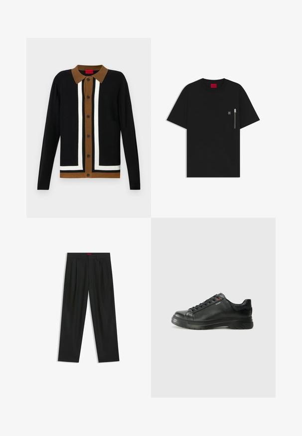 Black cardigan with a brown collar, featuring a white striped pattern and button closure. Textured fabric with long sleeves and trimmed hem.; Black T-shirt made of cotton, featuring a round neck, short sleeves, and a chest pocket with a silver zipper detail. Small logo on pocket.; Black trousers with a pleated design, wide leg shape, and a smooth texture. Features a red waistband tag.; Black leather sneaker with textured upper, padded collar, and red logo detail. Features a thick rubber sole with distinct tread pattern.