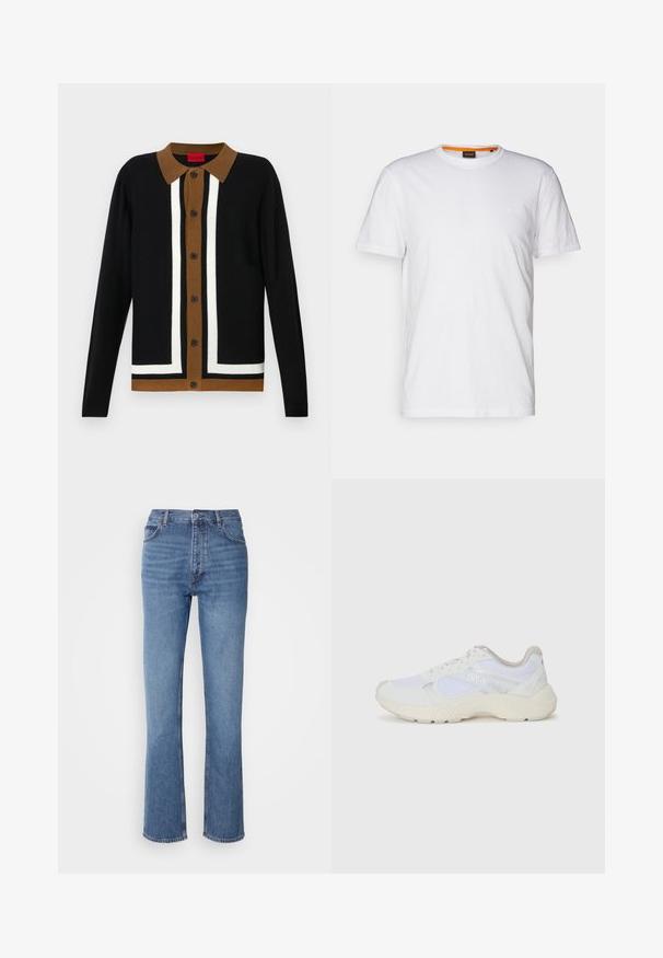 Melnā džemperis ar brūnu apkārtni, kuram ir balti svītroti raksti un pogu aizdare. Faktūrēta aukla ar garām piedurknēm un apdari ap apakšmalu.; Balta kokvilnas T-krekls ar apaļu kakla izgriezumu, īsām piedurknēm un nemanāmu reljefa logo uz krūšu daļas. Iekšējā birka ar oranžu akcentu.; Zilā denima bikses ar augstu jostasvietu, taisnas kājas dizainu un vieglu nolietojumu. Satur klasisku piecu kabatu stilu un ar rāvējslēdzēju aizdari.; Baltas sporta apavi, kas izgatavoti no sieta un zamšāda, ar teksturētu starpzoli, teksturētām akcentēm un "HUGO" logo sānos.