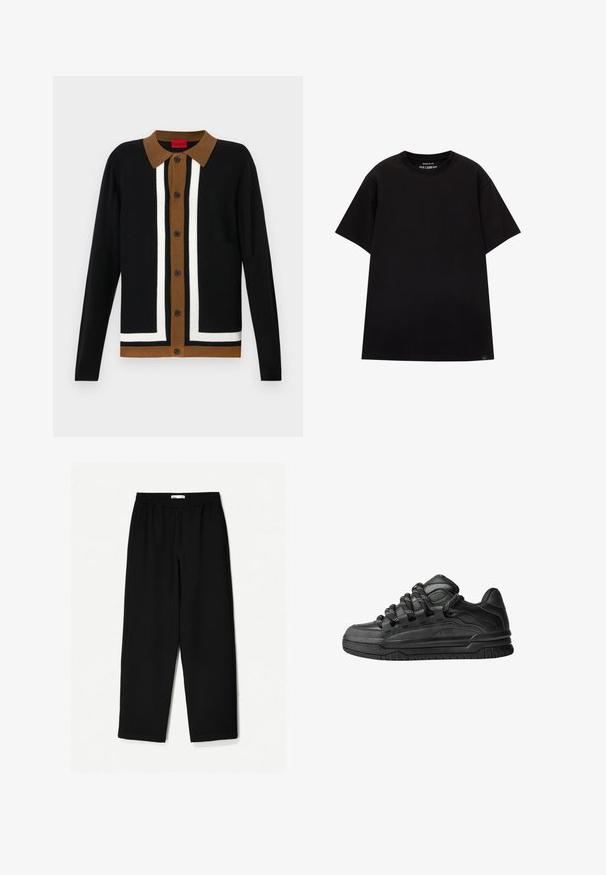 Čierny kardigán s hnedým golierom, s bielym pruhovaným vzorom a zapínaním na gombíky. Textúrovaná látka s dlhými rukávmi a lemovaným spodkom.; PULL&BEAR JOIN LIFE - Základné tričko - black; Čierne nohavice s širokými nohavicami vyrobené z ľahkej tkaniny. Majú elasticitu v páse a hladký povrch. Bez viditeľných vzorov alebo kovania.; Čierne tenisky s hladkým koženým zvrškom, štruktúrovanými akcentami a okrúhlymi čierno-bielymi šnúrkami. Hrubá gumená podrážka s vzorovaným dezénom.