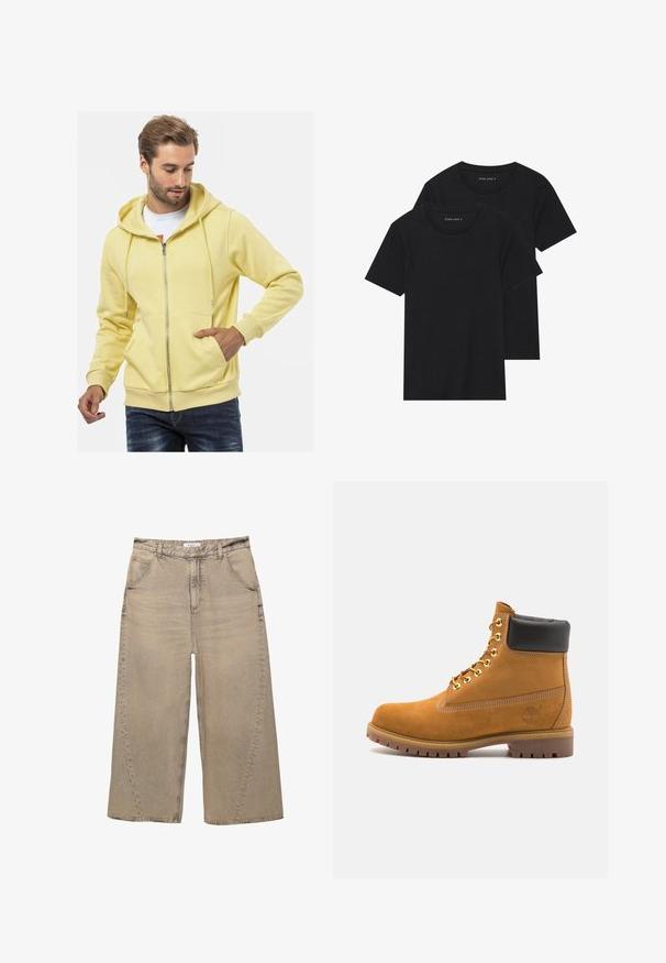 Geel ritsjack gemaakt van een katoenmix, met een trekkoordcapuchon, voorzakken, geribde manchetten en een zachte textuur.; Twee zwarte katoenen t-shirts met korte mouwen, ronde halslijnen en een gladde textuur, gepresenteerd op elkaar gestapeld.; PULL&BEAR MEGA BAGGY - Baggy jeans - light grey; Tan suède enkelboot met zwart gevoerd kraagje, gouden metalen oogjes, witte stikdetails en een robuuste rubberen zool met uitgesproken profiel.