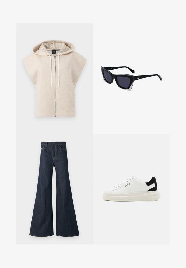 Beige bezrukávová mikina na zips s vzorovanou podšívkou kapucne, so šnúrkami a malým logom na hrudi; mäkký, textúrovaný materiál.; Čierne bavlnené tričko s krojovaným dizajnom, krátkymi rukávmi a okrúhlym výstrihom. Na hrudi sa nachádza kontrastné oválne logo.; Tmavomodré zvonové džínsy vyrobené z denimu, s vysokým pásom, zlatými stehmi a dvoma bočnými vreckami so zapínaním na gombík.; Biele kožené tenisky s hrubou bielou podrážkou, čiernym zamekom na päte a vyrazeným logom na boku. Šnurovací dizajn so šiestimi očkami.; Čierne oversized slnečné okuliare s geometrickým tvarom, s tmavými šošovkami a kontrastným šedým detailom na ráme. Logo na mostíku.