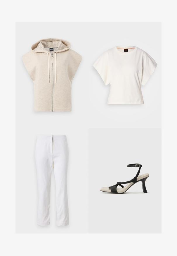 Béžová bezrukávová mikina na zip s vzorovanou podšívkou kapuce, tkanicemi a malým logem na hrudi; měkký, textured materiál.; Bílý zkrácený T-shirt, krátké široké rukávy, měkký bavlněný materiál, kulatý výstřih s jemným oranžovým lemováním, minimalistický design, bez vzorů nebo grafik.; Bílé bavlněné kalhoty s rovnou nohavicou, s středně vysokým pasem a bez viditelných kovových prvků nebo vzorů. Hladká textura po celém povrchu.; Černé sandály na podpatku s pleteným designem pásku, čtveratou špičkou a nastavitelným páskem kolem kotníku. Světle béžová stélka s lesklým černým podpatkem.