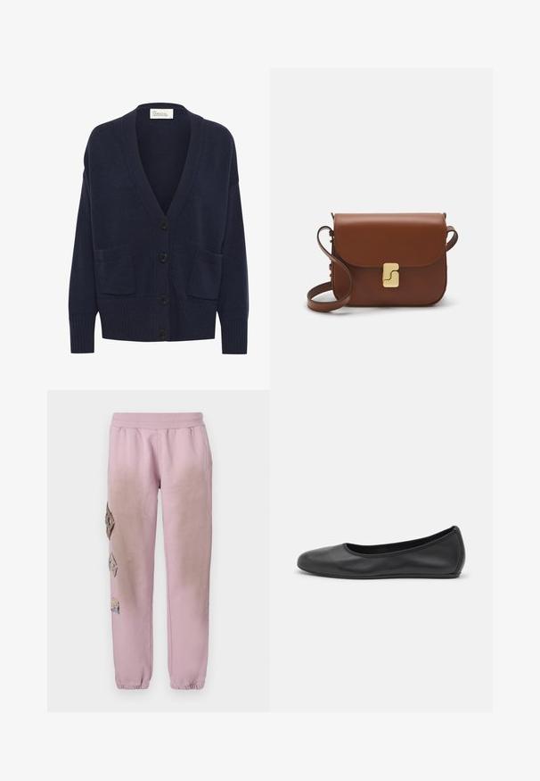 Tumši zils adīts kardigāns ar V veida kakla izgriezumu, garām piedurknēm, divām priekšējām kabatām un piecām melnām pogām. Strukturēts audums un ribota apdare.; Balta īsām piedurknēm T-krekls, izgatavots no ribota auduma. Apaļš izgriezums, regulāra piegriezuma un diskrēti šuvumu detaļas. Bez printiem vai grafikām.; Rozā sporta bikses ar elastīgu jostu, kurām labajā pusē ir dekoratīvi uzliktni dimanta formā un elastīgas apkakles pie potītēm.; Melna ādas baleta kurpe ar noapaļotu purngalu, gludu tekstūru, minimālu šuvju detalizāciju un elastīgu zoles dizainu.; Bordo ādas rokas soma ar atloku, zeltītām detaļām, plecu siksnu un gludu virsmu. Kompakta, taisnstūrveida forma.