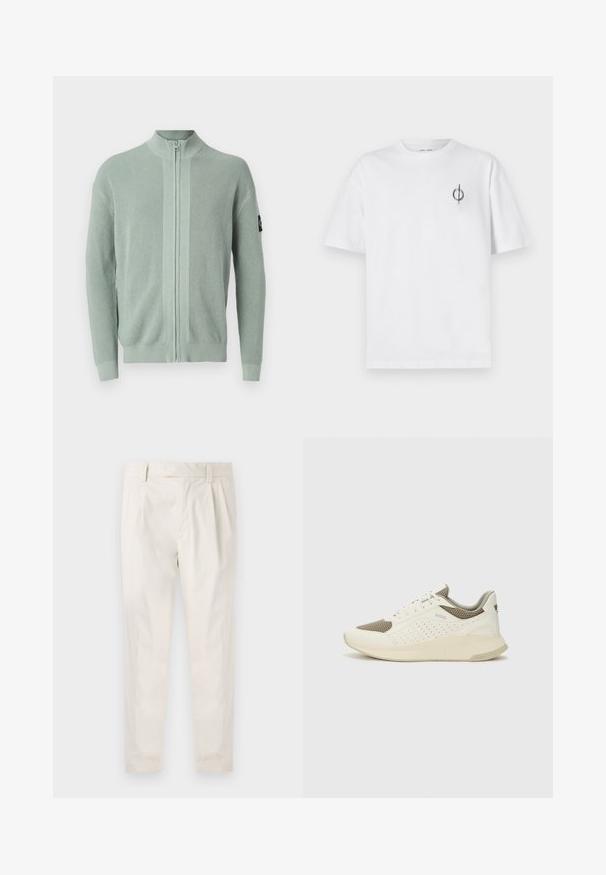 Calvin Klein Jeans CORE BADGE ZIP THROUGH - Cardigan - slate gray; T-shirt in cotone bianco con vestibilità rilassata, presenta un piccolo logo grafico nero nella zona sinistra del petto. Maniche corte, collo a giro.; Pantaloni bianchi plissettati con taglio su misura, caratterizzati da una texture liscia, passanti per la cintura e gambe affusolate. Nessuna tasca o motivo visibile.; Sneaker atletica bianca e beige chiaro, con tomaia in mesh, dettagli perforati e una suola intermedia texturizzata con marchio sul tallone.