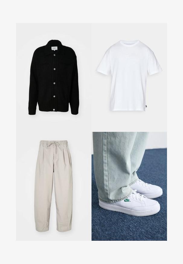 Črn pleteni kardigan s ovratnikom, sprednjimi gumbi, dvema žepoma, rebrastimi manšetami in robom. Tekstuirana tkanina s sproščenim krojem.; Bela bomba iz bombaža s kratkimi rokavi in okroglo ovratnikom. Ima majhen, diskreten Nike logotip na prsih in stranski etiket.; Bež hlače iz lahkega materiala z elastičnim pasom in vrvico. Imajo gube in ohlapen kroj, izdelane so iz mehkega, gladkega blaga.; Bela usnjena športna obutev z zelenim Nike logotipom, okrogla konica, ravna podplat, v kombinaciji z svetlo modrimi kavbojkami, prikazana na modrem preprogu.