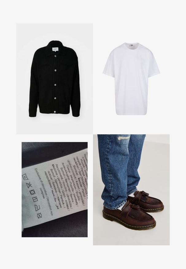 Czarny dzianinowy kardigan z kołnierzykiem, guzikami z przodu, dwiema kieszeniami, ściągaczami przy mankietach i u dołu. Teksturowana tkanina o luźnym kroju.; Biała bawełniana koszulka z krótkimi rękawami, okrągłym dekoltem, luźnym krojem i bez widocznych logo lub wzorów. Gładka tekstura i minimalistyczny design.; Etykieta z tekstem w wielu językach, symbolami pielęgnacji i ikonami recyklingu, wydrukowana na materiałowym, miękkim w dotyku w jasnym kolorze.; Brązowe skórzane loafersy z frędzlami, z haftowanym wzorem i żółtą gumową podeszwą. W połączeniu z wyblakłymi niebieskimi dżinsami.
