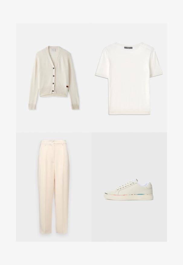 Cremefarvet cardigan med V-udskæring, ribbede manchetter og kant. Har fem mørke knapper og en lille regnbue-stribe detaljeret på kanten.; Hvid kortærmet strikbluse med rund halsudskæring, der har en glat tekstur og subtile ribbede detaljer ved ærmerne og kanten.; Beige skræddersyede bukser med en lige pasform, der har folder i fronten, en glat tekstur og en mellemhøj talje. Ingen synlige lommer.; Off-white lav-Top sneakers med snørebåndsdesign, hvid indvendig foring og subtil flerfarvet kant langs sålens kant, set fra siden.