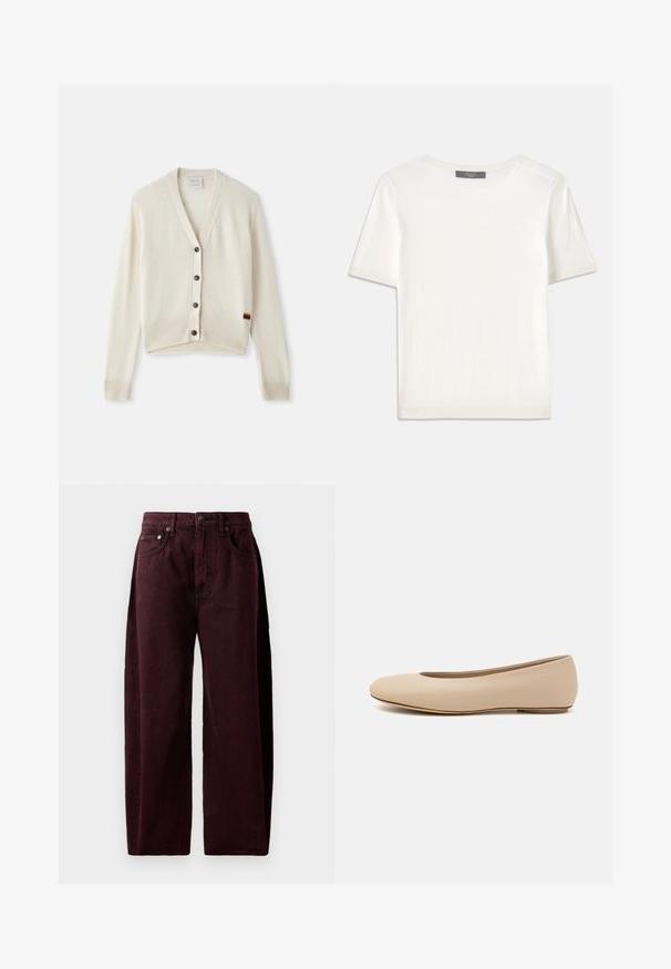 Creme-kleurige cardigan met een V-hals, ribgebreide manchetten en zoom. Voorzien van vijf donkere knopen en een klein regenboogstreepdetaillering op de zoom.; Witte gebreide top met korte mouwen en een ronde halslijn, met een gladde textuur en subtiele ribgebreide accenten bij de mouwen en de zoom.; Bordeaux wijde jeans van katoen denim, met een hoge taille, voorzakken en zichtbare stiksels. Klassiek vijf-pocket ontwerp.; Beige leren ballerina met een ronde neus, minimale naaidetailing, lage hak en subtiel logo op de achterkant. Gladde, matte textuur.