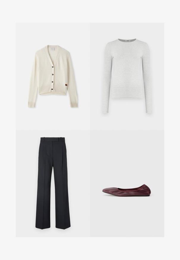 Cardigan color crema con scollatura a V, polsini e orlo a coste. Presenta cinque bottoni scuri e un piccolo dettaglio a strisce arcobaleno sull'orlo.; Maglietta grigia a maniche lunghe, in maglia a costine, con scollatura rotonda, silhouette aderente, texture liscia, senza loghi o decorazioni visibili.; Pantaloni a righe blu scuro con vita alta, design a gamba larga e senza hardware o decorazioni visibili. Tessuto liscio e vestibilità sartoriale.; Ballet flat in pelle bordeaux scuro, con punta arrotondata, bordo elasticizzato e superficie liscia con dettagli di pieghe sottili.