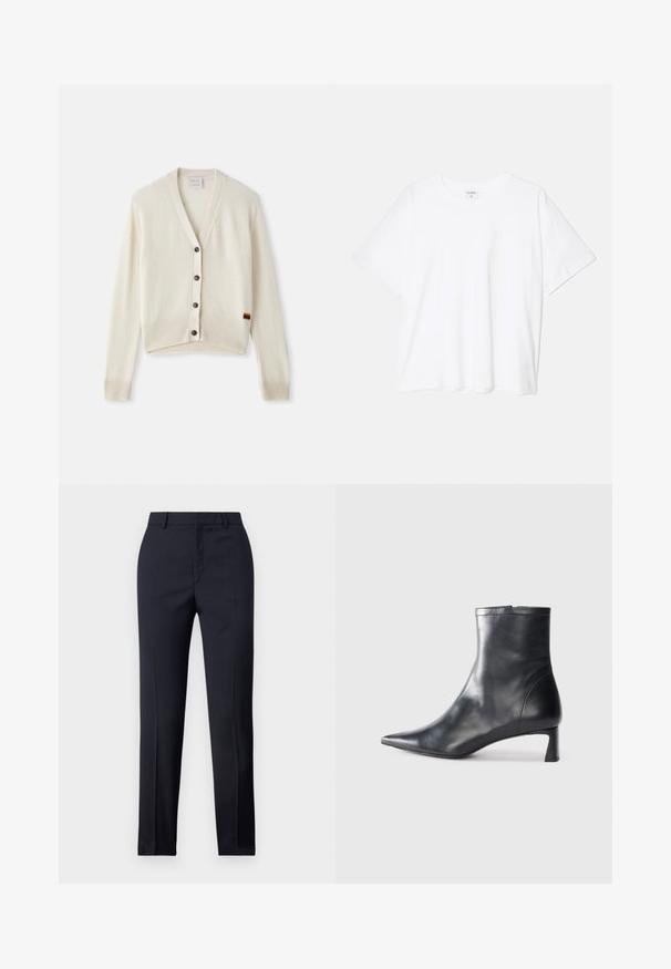 Krämfärgad kofta med V-ringning, ribbade ärmslut och nederkant. Har fem mörka knappar och en liten regnbågsranddetalj på nederkanten.; Vit bomull t-shirt med kort ärm, rund halsringning, avslappnad passform och söm i nederkant. Etikett synlig på insidan av halsen.; Marinblå skräddarsydda byxor med rak passform, med en slät textur, två framfickor och en ren midjeband.; Svart läder ankelboot med spetsig tå och en smidig design. Har en låg klack och en dragkedjestängning bak. Slät textur.