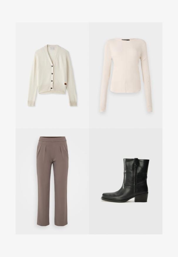 Cardigan de culoare crem, cu guler în V, mansete și tiv ribbat. Prezintă cinci nasturi întunecați și un detaliu mic cu dungi în culorile curcubeului pe tiv.; Top cu mânecă lungă, de culoare bej deschis, cu decolteu rotund. Realizat dintr-un material moale, prezintă o cusătură centrală și un tiv ușor curbat. Fără elemente de prindere vizibile.; Pantaloni bej cu croi lejer, talie elastică și pliuri frontale, confecționați dintr-un material neted.; Botine din piele neagră, cu vârf rotund, toc pătrat, fermoar pe lateral și accente de cusături pe partea superioară. Textură netedă, design clasic.