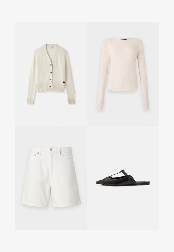 Cardigan couleur crème avec un col en V, des poignets et un ourlet côtelés. Comprend cinq boutons sombres et un petit détail de rayure arc-en-ciel sur l'ourlet.; Haut à manches longues, beige clair avec un col rond. Fait dans un tissu doux, il présente une couture centrale et un ourlet légèrement courbé. Pas de métal visible.; Shorts en denim blanc avec une coupe droite, un design à cinq poches, une fermeture à bouton à l'avant, des détails en métal argenté et des coutures décoratives.; Chaussure en cuir noir à talon ouvert avec un bout pointu, présentant un accent tressé et un design supérieur plissé. Semelle plate avec un matériel minimal.
