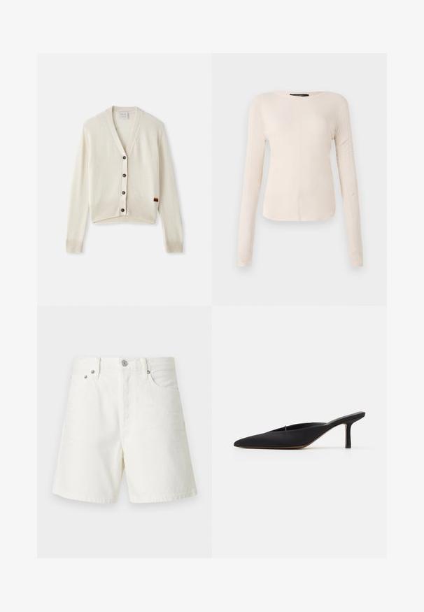Creme-kleurige cardigan met een V-hals, ribgebreide manchetten en zoom. Voorzien van vijf donkere knopen en een klein regenboogstreepdetaillering op de zoom.; Langsleeve, lichtbeige top met een ronde halslijn. Gemaakt van zachte stof, heeft een centrale naad en een iets gebogen rand. Geen zichtbare hardware.; Witte denim shorts met een rechte snit, vijf zakken, voorste knoopsluiting, zilveren hardware en gestikte details.; Zwarte muiltje met spitse neus en een strak ontwerp, gemaakt van gladde stof, met een slanke hak en open achterkant voor gemakkelijk aan- en uittrekken.