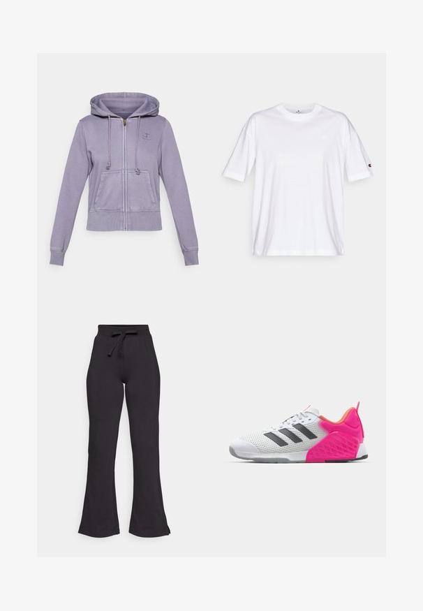 Felpa zippata viola con cappuccio regolabile, tasche frontali e polsini a coste. Presenta un logo cucito sul petto. Materiale morbido con una vestibilità casual.; T-shirt bianca in cotone con colletto rotondo, maniche corte e un piccolo logo sul lato sinistro del petto. Presenta una vestibilità comoda e un colore uniforme.; Pantaloni della tuta neri a zampa d'elefante realizzati in tessuto morbido, con un elastico in vita e una texture liscia. Progettati per comfort e facilità di utilizzo.; Scarpa sportiva bianca con strisce grigie, parte superiore in rete e tallone e dettagli rosa. Presenta un tallone testurizzato e una suola in gomma. Lacci e collare imbottito.