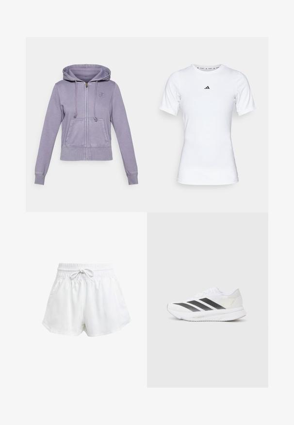 Lila cipzáras kapucnis pulóver húzózsinórral, elülső zsebekkel és bordás mandzsettákkal. A mellkasán varrott logó található. Puha anyag, laza szabású.; Fehér sportpóló, rövid ujjú, sima, rugalmas anyagból készült. Kicsi fekete Adidas logó található a mellkasán.; Fehér sportcipőnadrág rugalmas derékrésszel és állítható húzózsinórral. Könnyű anyagból készült, oldalzsebekkel rendelkezik és laza szabású.; Fehér sportcipő fekete átlós csíkokkal, hálós felsőrésszel, lekerekített orral és texturált talppal. A kiegészítők között szerepel egy ezüst sarok és minimalista dizájn.