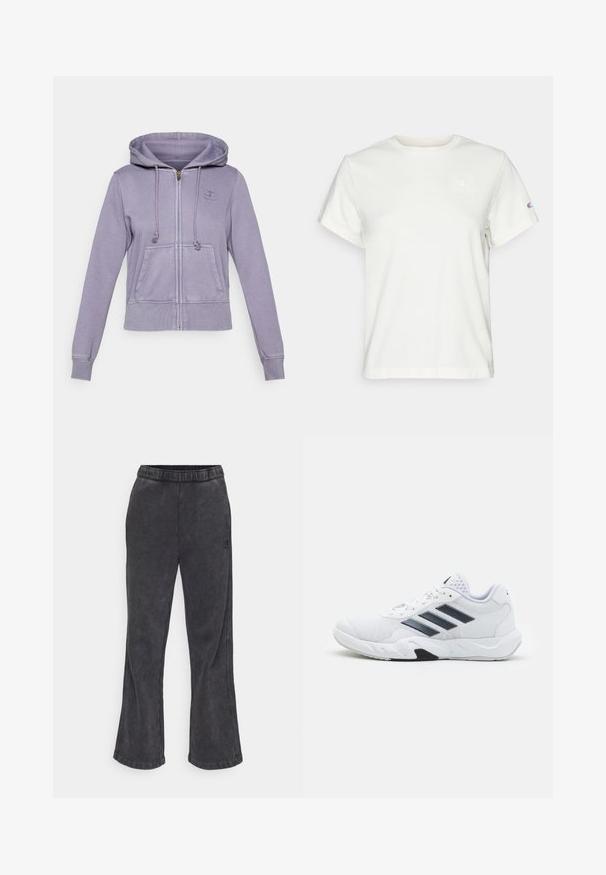 Lilla Zip-up hettegenser med snøring i hetten, frontlommer og ribbestrikkede mansjetter. Har et sydd logo på brystet. Mykt materiale med en avslappet passform.; Hvit kortermet bomulls T-skjorte med rund hals og en liten logo øverst til venstre på brystet. Myk tekstur og standard passform.; Utsvingte joggebukser i mørkegrått stoff med myk tekstur. Har elastisk midjebånd og brodert logo på siden.; Hvit sportsko med mesh-overdel, tre svarte striper på siden, teksturerte detaljer og en solid gummisåle med en kontrasterende svart seksjon.