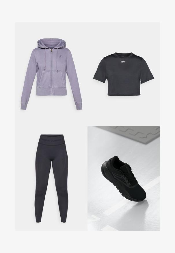 Fialová mikina na zips s kapucňou na šnúrku, prednými vreckami a rebrovanými manžetami. Obsahuje vyšívané logo na hrudi. Mäkký materiál s voľným strihom.; Čierny cropped športový tričko vyrobené z hladkej, ľahkej textílie. Má krátke rukávy a okrúhly výstrih s bielym logom potlačeným na hrudi.; Čierne legíny s vysokým elastickým pásom s textom "UNDER ARMOUR". Hladká textúra s jemnými vzorovanými akcentmi pozdĺž nôh.; Čierna atletická obuv s sieťovaným vrchom, okrúhlou špičkou, polstrovanou podrážkou a textúrovanými detailami, umiestnená na hladkom bielom povrchu.