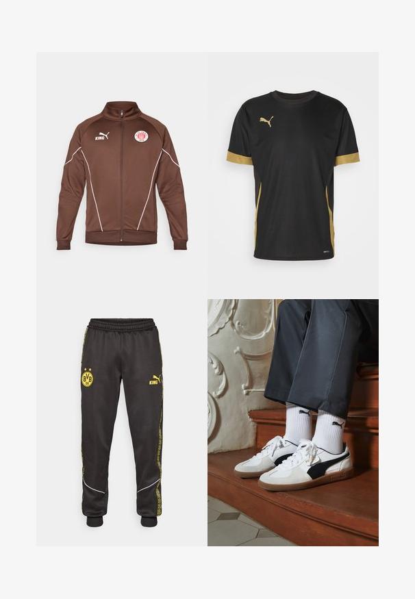 Braune Zip-Jacke aus glattem Material. Sie verfügt über weiße Akzentlinien, einen Stehkragen und Logos für KING und FC St. Pauli.; Schwarzes Sport-T-Shirt mit goldenen Akzenten an denÄrmeln und an der Seite. Verfügt über einen Rundhalsausschnitt, kurze Ärmel und feuchtigkeitsableitendes DRYCELL-Gewebe.; Schwarze Sporthose mit gelben Borussia Dortmund BVB 09- und Puma King-Logos, elastischem Bund und gemusterten gelben Seiteneinsätzen.; Puma-Sneaker aus weißem und schwarzem Wildleder mit einer braunen Gummisohle. Kombiniert mit weißen Socken, die ein schwarzes Logo zeigen, getragen zu dunklen Hosen.