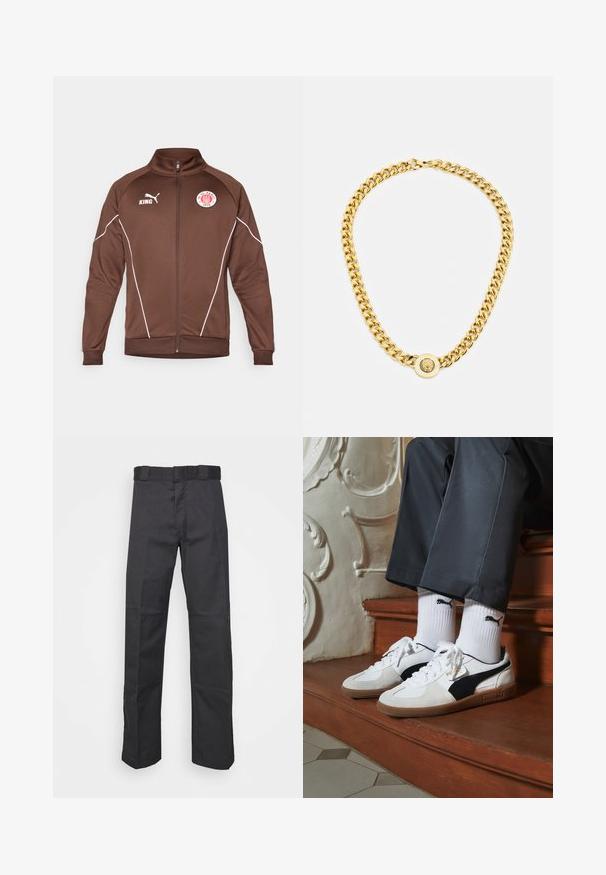 Braune Zip-Jacke aus glattem Material. Sie verfügt über weiße Akzentlinien, einen Stehkragen und Logos für KING und FC St. Pauli.; Drei weiße, gerippte Tanktops aus Baumwolle. Merkmale einen Rundhalsausschnitt und kleine schwarze Etiketten am Saum. In mehreren Größen erhältlich.; Schwarze Hose aus strapazierfähigem Material, mit geradem Bein, einem Bund mit Gürtelschlaufen und Nähten für zusätzlichen Textur.; Puma-Sneaker aus weißem und schwarzem Wildleder mit einer braunen Gummisohle. Kombiniert mit weißen Socken, die ein schwarzes Logo zeigen, getragen zu dunklen Hosen.; Goldene Kettenhalskette mit großen miteinander verbundenen Gliedern, mit einem kreisförmigen Anhänger in der Mitte, der ein erhabenes Emblem zeigt.