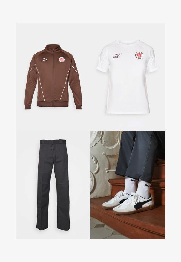 Brūns rāvējslēdzēja jaka, kas izgatavota no gludas auduma. Iezīmēta ar baltām akcentu līnijām, stāvošu apkakli un KING un FC St. Pauli logotipiem.; Balts īsām piedurkņu T-krekls, kas izgatavots no gludas auduma, ar sarkanu un melnu apaļu logotipu uz krūtīm un brūniem PUMA un KING zīmoliem.; Melnas bikses, izgatavotas no izturīga auduma, ar taisnu kāju dizainu, jostu ar cilpiņām un šuvēm papildu tekstūrai.; Puma kedas baltā un melnā zamšā, ar brūnu gumijas zoli. Pāris ar baltām zeķēm, kurās redzams melns logo, nēsātas ar tumšām biksēm.