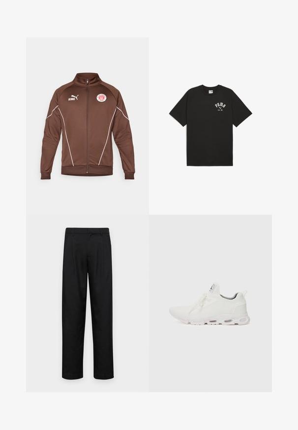 Giacca a zip marrone realizzata in tessuto morbido. Presenta linee di accento bianche, colletto rialzato e loghi per KING e FC St. Pauli.; T-shirt nera in cotone con maniche raglan corte. La parte anteriore presenta il logo bianco "PUMA" e il testo "est. 48". Fit classico e rilassato.; Pantaloni neri realizzati in tessuto liscio, caratterizzati da un taglio dritto, due pieghe frontali e una vita standard con passanti per la cintura.; Scarpe atletiche bianche con tomaia in maglia testurizzata, lacci piatti e una suola ammortizzata con camere d'aria visibili per un supporto aggiuntivo.