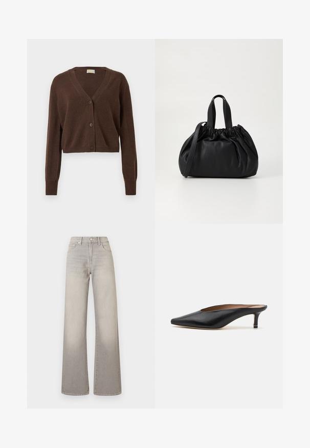 Brown, cropped cardigan with a v-neck, long sleeves, and three buttons at the front. Soft texture and ribbed cuffs.; White long-sleeve collared shirt made of cotton. Features a button-down front and a single chest pocket. Smooth texture, relaxed fit.; Gray wide-leg jeans with a faded finish, button closure, five-pocket design, and stitched detailing along the seams.; Black leather mules with a pointed toe and low, block heel. Smooth texture with a sleek design. Open back with minimal detailing.; Black leather handbag with a gathered top design, featuring two short handles and a long adjustable strap. Smooth texture, rounded shape.