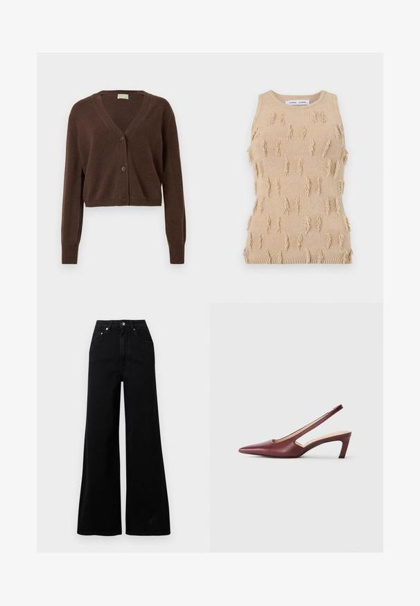 Brown, cropped cardigan with a v-neck, long sleeves, and three buttons at the front. Soft texture and ribbed cuffs.; Beige knitted sleeveless top featuring a textured design with protruding fringe accents, ribbed neckline, and bottom hem.; Black wide-leg jeans made from denim, featuring a high waist, five pockets, front button closure, and minimal stitching details.; Burgundy slingback heels with a pointed toe, cutout details on the side, and a mid-height block heel. Smooth leather finish.