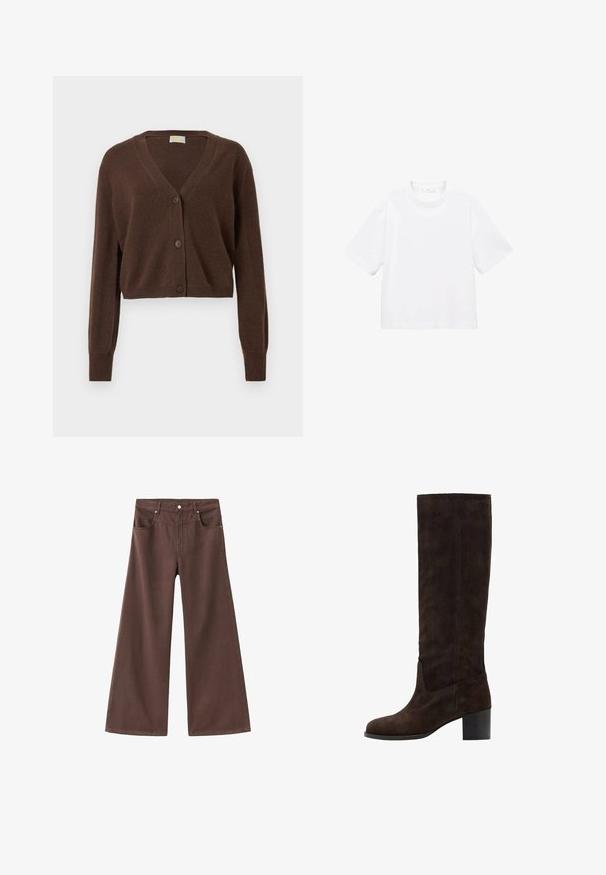 Braune, kurz geschnittene Strickjacke mit V-Ausschnitt, langen Ärmeln und drei Knöpfen auf der Vorderseite. Weicher Stoff und gerippte Bündchen.; Weißes Baumwoll-T-Shirt mit kurzen Ärmeln und rundem Ausschnitt. Einfaches Design, lockere Passform, glatte Textur. Keine Muster oder Verzierungen sichtbar.; Braune, weite Jeans aus Denim. Verfügt über fünf Taschen, einen Reißverschluss und Metallnieten. Glatte Textur und klassisches Design.; Braune Wildleder-Stiefel in Knielänge mit quadratischer Zehenform und Blockabsatz. Glatte Textur und minimale Nähte an der Außenseite.