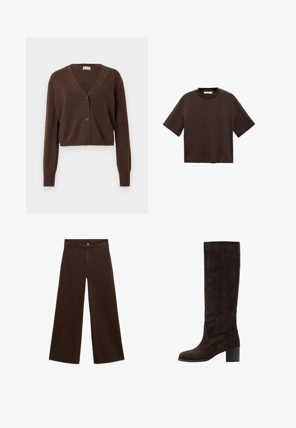 Hnedý, skrátený kardigán s výstrihom do V, dlhými rukávmi a tromi gombíkmi vpredu. Mäkká textúra a rebrované manžety.; Hnedé tričko s krátkym rukávom vyrobené z mäkké bavlny. Má okrúhly výstrih a voľný strih, s hladkou textúrou a bez viditeľných vzorov.; Hnedé široké nohavice z bavlnenej zmesi, s roztrhnutým lemom, predným zapínaním na gombík a klasickým dizajnom s piatimi vreckami. Minimalistické a všestranné.; Hnedé zamatové kožené vysoké čižmy so štvorcovou špičkou a blokovým opätkom. Hladký povrch a minimálne švy na vonkajšej strane.