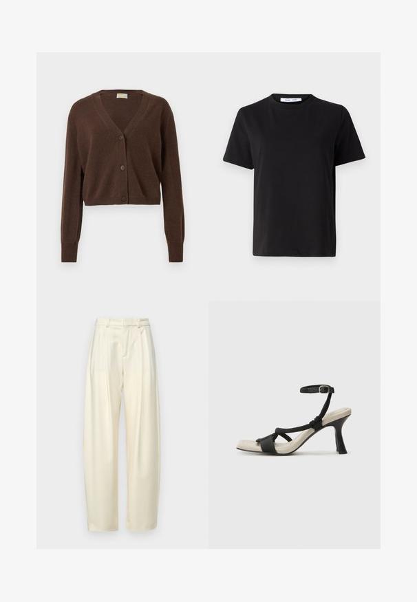 Cardigan brun, court, avec un décolleté en V, des manches longues et trois boutons sur le devant. Texture douce et poignets côtelés.; T-shirt noir à manches courtes en coton doux, avec un col rond, une coupe décontractée et une texture lisse. Pas de motifs ni de graphiques visibles.; Pantalons plissés taille haute en tissu crème clair. Présente une coupe droite et une texture lisse. Sans poches ni matériel visible.; Sandale à talon noir avec un design de brides tressées, bout carré et bride de cheville réglable. Semelle intérieure beige claire avec un talon noir brillant.