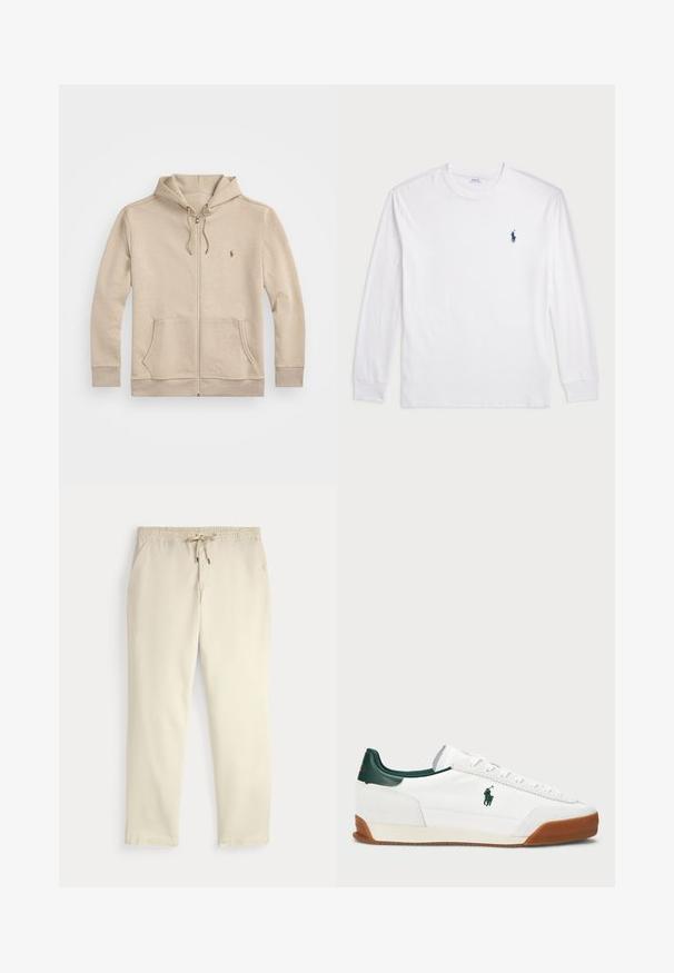 Cápsula bege com fecho éclair, feita de material macio, com bolso canguru, capuz com cordão e pequeno detalhe do logo no peito.; Camisola de manga longa branca feita de algodão. Apresenta um decote redondo, punhos canelados e um pequeno logótipo de polo azul-marinho no lado esquerdo do peito.; Calças casuais off-white com cintura elástica e cordão, pernas retas e bolsos laterais, contra um fundo liso.; Sapatilha branca com detalhes em pele verde e sola em borracha bege. Apresenta um corpo em tecido e um logótipo proeminente na lateral. Design com atacadores.