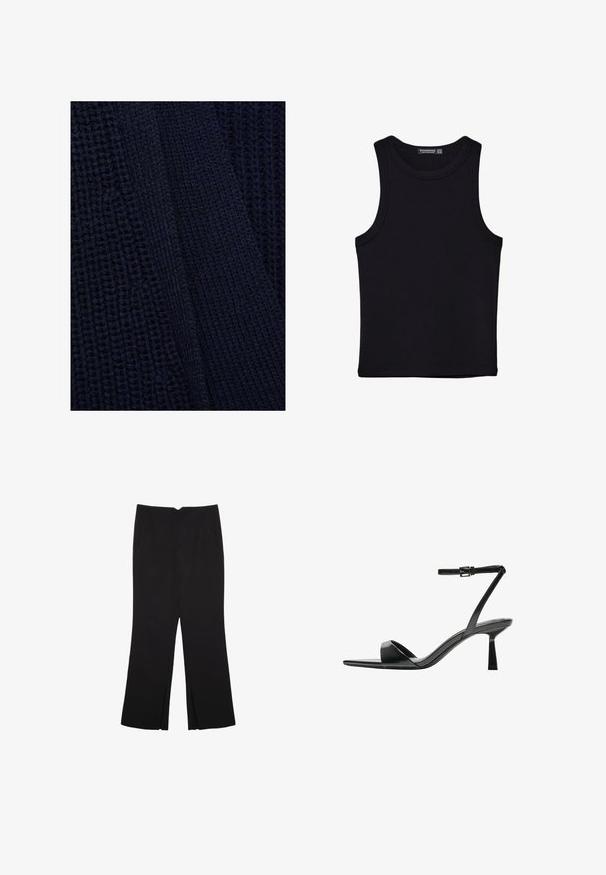 Mango Kofta - royal blue; Svart linne i bomull, med rund halsringning och breda armhål. Slät yta med sydda fållar. Klassisk, minimalistisk design.; Svarta byxor med rak passform, utrustade med framfickor och sidoklyvningar vid fållen. Tillverkade av mjukt, slätt tyg. Lämpliga för olika tillfällen.; Bershka Sandaletter - black