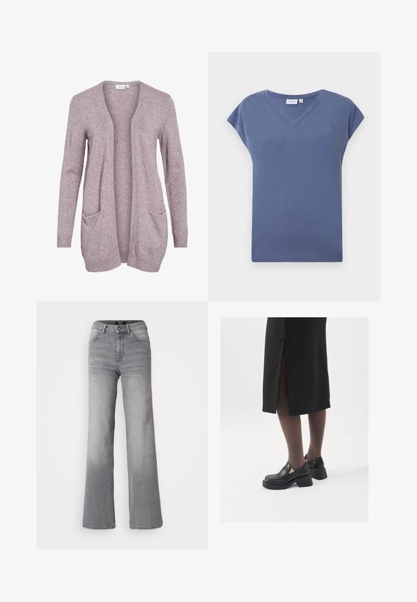 Cardigan aberto em lilás claro, feito de um tecido de malha suave, com dois bolsos frontais e punhos e bainha canelados. Design simples e descontraído.; T-shirt de gola em V, de mangas curtas, numa cor azul suave, feita de um material de algodão macio com uma textura lisa e um corte descontraído.; Jeans de ganga cinzentos de cintura alta e corte reto, com botão e fecho à frente, bolsos dianteiros e traseiros, e desbaste nas coxas e panturrilhas.; Sapatos de couro pretos com bico arredondado, salto bloco grosso e detalhes elásticos laterais, combinados com meias escuras e uma saia preta com uma abertura.