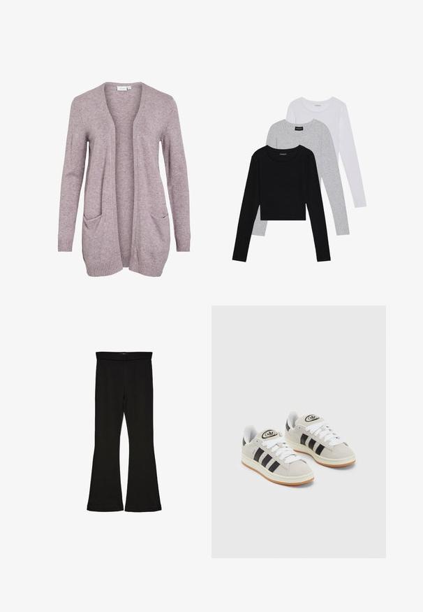 Világoslila, nyitott frontrészű kardigán, puha kötött anyagból készült, két elülső zsebbel és bordázott mandzsettákkal, valamint aljjal. Egyszerű, laza kialakítás.; Három hosszú ujjú póló egymásra rakva: fekete, szürke és fehér. Mindegyiknek kerek nyaka van, és rövidített fazonnal rendelkezik, sima, könnyű anyagból készült.; Fekete trapéz leggings rugalmas anyagból készült. Széles derékpánttal és sima textúrával rendelkezik, illeszkedő sziluettje van, amely a szegélyen kigyullad.; Szürke velúr sportcipők fehér fűzővel, fekete csíkokkal és fehér gumitalppal. A nyelvén kör alakú logó található, illetve a talpa színes gumi.