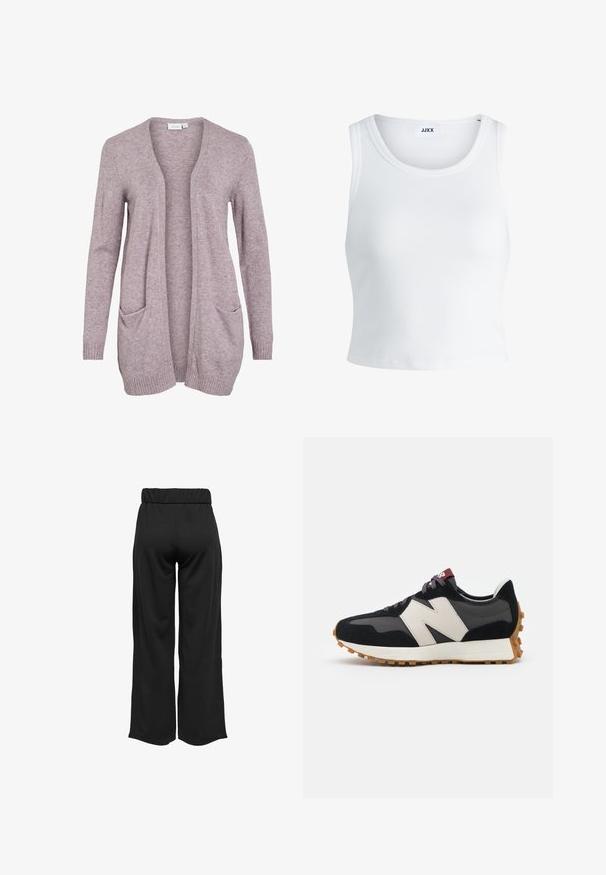 Svetlofialový otvorený kardigán z mäkkej pleteniny, s dvoma prednými vreckami a rebrovanými manžetami a lemom. Jednoduchý, uvoľnený dizajn.; Biely rebrovaný tielko s okrúhlym výstrihom, bez rukávov a krátkou dĺžkou. Štítok znie "JJXX." Hladká textúra látky.; Čierne široké nohavice s elastickým pásom, vyrobené z hladkej tkaniny. Majú jednoduchý dizajn, bez vreciek alebo viditeľných švíkov.; Čierne a sivé semišové tenisky s veľkým krémovým logom "N", fialovými šnúrkami a textúrovanou gumovou podrážkou.