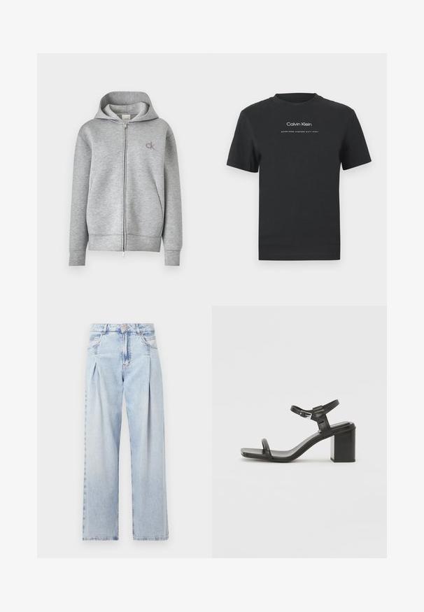 Pelēka kapuce ar zip, izgatavota no mīksta auduma, ar vilkšanas stīgas kapuci un logotipu izšūtu kreisajā krūtīs. Priekšējā zipa aizdare.; Melna kokvilnas T-kreklā ar apaļu apkakli, īsām piedurknēm un baltu uzdrukātu "Calvin Klein" logotipu un tekstu "Izveidots 1968".; Gaiši zilas džinsu bikses ar augstu jostasvietu, plats kāju griezumu, divām sānu kabatām un krokotā dizaina akcentiem. Mīksta tekstūra ar izdilušu apdari.; Melna ādas blokveida papēža sandle ar platu joslu pāri pirkstiem un regulējamu potītes siksniņu, ar elegantu, minimālistisku dizainu.