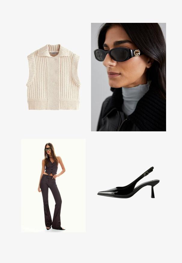 Pletená bezrukávová vesta v světle béžové barvě, s ribovanou texturou, širokým límcem a strukturovaným designem se bočními otvory pro komfort.; Bílý bavlněný top bez rukávů s kulatým výstřihem a přiléhavým střihem. Hladká textilie, jednoduchý design a minimální švy.; Hnědý pruhovaný zkrácený vest a rozšířené kalhoty, s knoflíky a texturovanou látkou. Černé otevřené boty na podpatku a oversized sluneční brýle.; Černé lakované kožené lodičky na podpatku s špičatou špičkou, výřezy na stranách, nastavitelným páskem kolem kotníku a tenkým, elegantním podpatkem.; Černé sluneční brýle s elegantním obdélníkovým rámem a zlatým logem na boční straně. Tmavé čočky a lesklý povrch jsou výrazné.; Plátěná taška v béžové barvě s hnědými vzorovanými akcenty. Má zakřivený tvar, jeden popruh a na přední straně logovou destičku se stříbrným kováním.