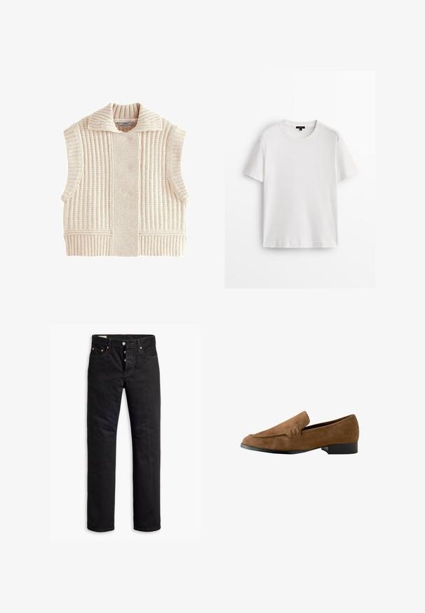Bezrękawnik z dzianiny w jasnym beżu, z fakturą prążkowaną, szerokim kołnierzem i wyrazistym krojem z bocznymi otwarciami dla wygody.; Biała bawełniana koszulka z krótkim rękawem, okrągłym dekoltem i luźnym krojem. Gładka tekstura i prosty design, bez wzorów i akcentów.; Czarne dżinsy o prostym kroju, pięciopocketowym designie i zapięciu na guziki. Zawierają mosiężne nity i akcenty w haftach.; Brązowe zamszowe loafersy z lekko podniesionym obcasem, gładką fakturą, detalami szycia z przodu i zaokrąglonym palcem.