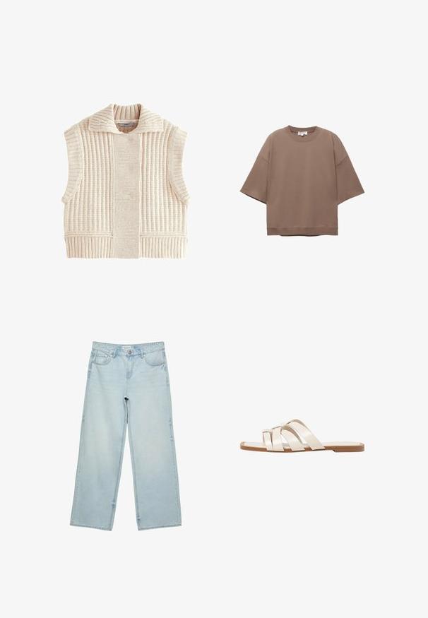 Pletená bezrukávová vesta v svetlej béžovej farbe, s rebrovanou textúrou, širokým golierom a štruktúrovaným dizajnom so bočnými otvormi pre pohodlie.; Hnedé oversized tričko, krátke rukávy, okrúhly výstrih, vyrobené z mäkkého bavlneného materiálu, s jednoduchým dizajnom a minimálnymi švami.; Svetlomodré široké džínsy z denimu, s vysokým pásom, piatimi vreckami a jemným vyblednutím. Priamy strih s olemovanými okrajmi.; Ploché sandále s hnedou gumovou podrážkou, navrhnuté s tromi prekrývajúcimi sa bielymi koženými popruhmi a malou mašličkou uprostred.