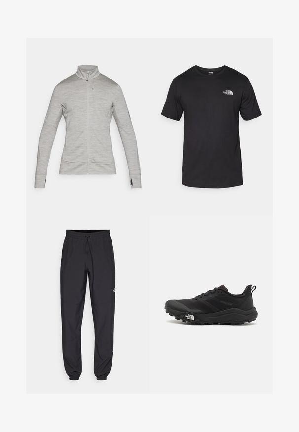 icebreaker MID WEIGHT QUANTUM - Zip-up sweatshirt - grey; Black short-sleeve t-shirt made of cotton, featuring a round neckline and a small white logo on the upper left chest area.; Black athletic pants made from lightweight fabric, featuring a drawstring waistband, side pockets, and tapered cuffs at the ankles.; Black trail running shoe with a textured upper, rubber sole, and reinforced toe cap. Features a padded collar and pull tab for easy wear.