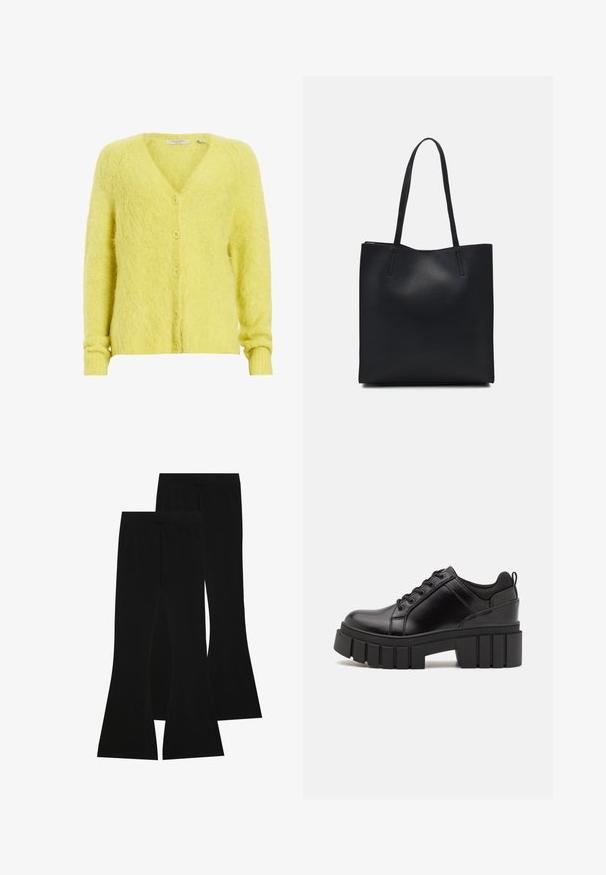 AllSaints VORTEX żółty; Czarny T-shirt wykonany z bawełny, z krótkimi rękawami na białej warstwie z długim rękawem z delikatnym teksturowanym wzorem. Projekt z okrągłym dekoltem.; Czarne spodnie w kształcie dzwonów wykonane z elastycznej tkaniny, z wysokim stanem i gładką fakturą, o dopasowanym kroju, który rozszerza się od kolana.; Czarne skórzane buty na platformie z masywnym słupkowym obcasem, okrągłym noskiem i klasycznym sznurowaniem. Posiadają gładką teksturę i minimalne wykończenia.; Czarna skórzana torba tote o gładkiej fakturze, prostokątnym kształcie i dwóch długich uchwytach. Brak widocznych elementów metalowych i ozdób.