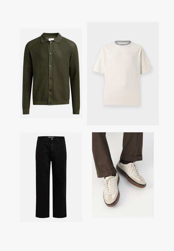 Olivovo zelený kardigán s textúrovaným pletením, golierovým výstrihom a šiestimi tmavými gombíkmi na prednej strane; rebrované manžety a lem.; Krémové bavlnené tričko s krátkymi rukávmi, s okrúhlym výstrihom doplneným námorníckymi a bielymi pruhmi. Hladká textúra, voľný strih.; Čierne džínsové nohavice so strihom rovného nohu, klasickým dizajnom s piatimi vreckami a gombíkovým zapínaním v páse. Hladká textúra a odolná tkanina.; Béžové tenisky s textúrovanou zamšovou prednou časťou, hladkými koženými bočnými stranami a hnusou gumovou podrážkou. Obsahujú šnúrky a svetlé stehy ako detail.