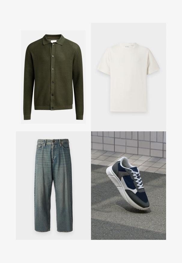 Maslinasto zeleni kardigan s teksturiranim pletenim uzorkom, s kragnom i šest tamnih gumba sprijeda; rebrasti manšeti i donji rub.; Bijela kratka majica s kratkim rukavima u rebrastoj teksturi. Okrugli izrez, ležeran kroj, bez vidljivih uzoraka ili akcenta. Jednostavan i svestran dizajn.; Svijetloplave traperice s širokim krojem, srednjim pojasom i ravnim nogavicama. Ima pet džepova, petlje za remen i kopčanje na gumb.; Tenisice s gornjim dijelom od mrežastog materijala tamnoplave boje, siva antilopova naglašavanja, bijela gumena potplat i ravne bijele vezice, dizajnirane za udobnost i prozračnost.