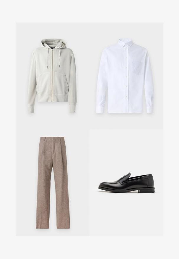 Lichtgrijze full-zip hoodie van een zachte katoenmix, met een ruime kangoeroezak, een capuchon met trekkoord en ribgebreide manchetten.; Witte lange mouwen overhemd van katoen, met een borstzak met tonale borduring, een kraag en knopenmanchetten.; Bruine, hooggewaisted broeken van een gestructureerde stof. Heeft wijde benen en twee voorplooien voor extra structuur. Net afgewerkt zonder zichtbare hardware.; Zwarte leren instappers met een gladde textuur, ronde neus en een decoratieve band over de wreef. Lage, gestapelde hak en minimalistisch ontwerp.