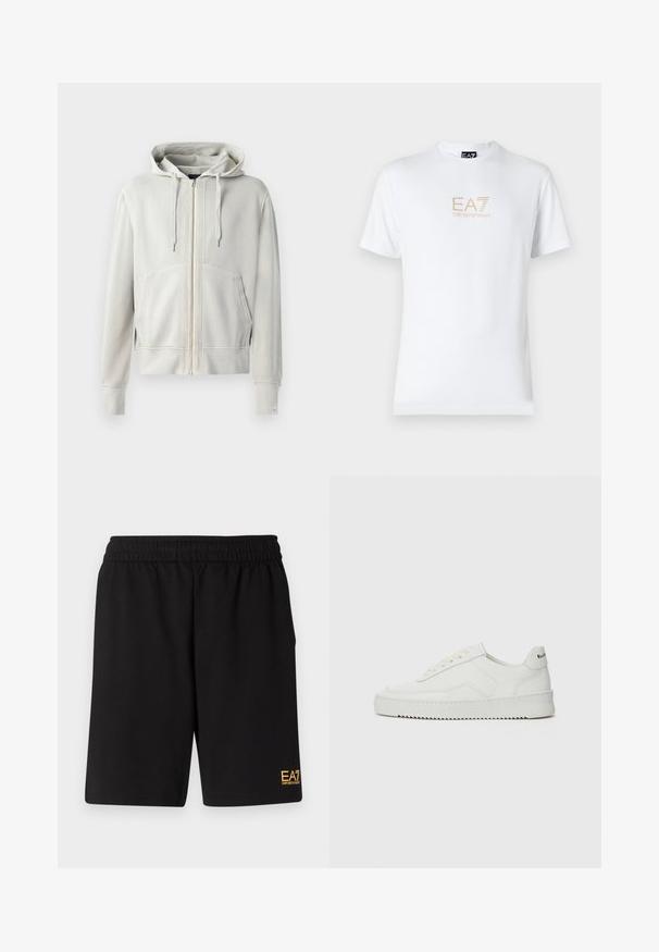 Light gray full-zip hoodie made of soft cotton blend, featuring a spacious kangaroo pocket, drawstring hood, and ribbed cuffs.; White cotton t-shirt featuring a round neckline and short sleeves, with a gold EA7 Emporio Armani logo printed on the front.; Black athletic shorts made of soft fabric,Featuring an elastic waistband and a small yellow EA7 logo on the lower left leg.; White leather sneaker with a smooth finish, round toe, flat laces, and a textured sole. Features a subtle logo on the heel.