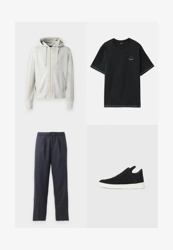 Hanorac cu fermoar complet, de culoare gri deschis, fabricat dintr-un amestec de bumbac moale, având un buzunar mari pentru mâini tip kangaroo, glugă cu șnur și manșete cu nervuri.; Tricou negru din bumbac, cu mâneci scurte, guler tip crew și accente de cusătură albă. Include un grafic mic pe piept.; Pantaloni în nuanțe închise de bleumarin, realizați dintr-un material moale, cu un design plisat în față și talie elastică. Prezintă un închizător cu nasture și o croială dreaptă.; Sneakers negre din suede cu o talpă din cauciuc albă, prezentând cusături tonale și un design cu șireturi. Textură netedă cu o formă modernă și aerodinamică.