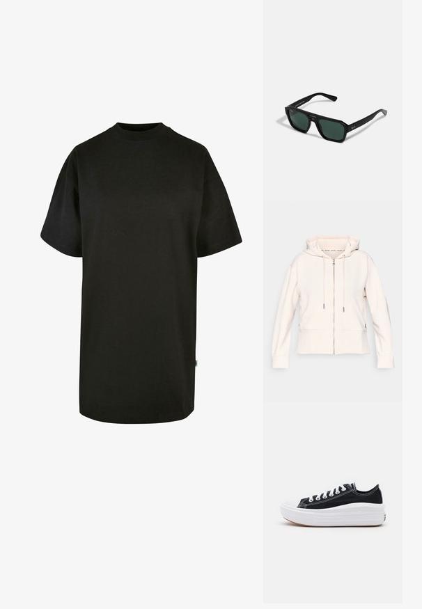 Svetloružová mikina na zips s jemnou rebrovanou textúrou, nastaviteľnými šnúrkami a bočnými vreckami. Mäkko látka, voľný strih a dizajn s kapucňou.; Čierne bavlnené tričko s okrúhlym výstrihom a krátkymi rukávmi. Voľný strih, jednofarebný dizajn, bez viditeľných vzorov alebo akcentov.; Čierne plátenné tenisky s bielymi šnúrkami, bielym gumovým špičkovým krytom a robustnou bielou medzipodrážkou. Obsahujú jemné biele švy a gumenú podrážku.; Čierne obdĺžnikové slnečné okuliare so zelenými šošovkami. Vyrobené z plastu s osemuholníkovým tvarom a hladkým povrchom. Na boku s logom Ray-Ban.