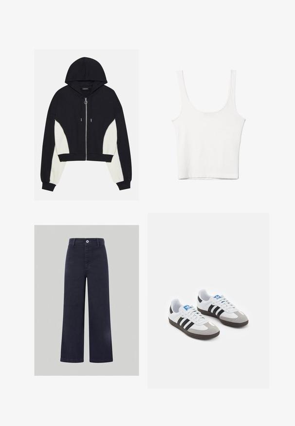 Černá a bílá zkrácená mikina s kapucí, předním zipem a kontrastními bočními panely. Obsahuje stříbrné kovové prvky a žebrované manžety a lem.; Bílý bavlněný top bez rukávů s kulatým výstřihem a přiléhavým střihem. Hladká textilie, jednoduchý design a minimální švy.; Široké modré kalhoty vyrobené z hladkého bavlněného směsového materiálu, s předním zapínáním na knoflík a prošívanými detaily na pásu a kapsách.; Sportovní boty s bílým koženým svrškem, šedou semišovou špičkou a třemi černými pruhy. Obsahují modré logo na jazyku a texturovanou gumovou podrážku.